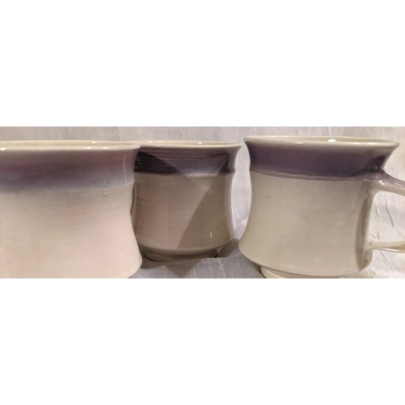 3 Art Pottery Mugs Signed Coffee Cup Handmade Studio Tea Purple White Stripe Set - Picture 10 of 16